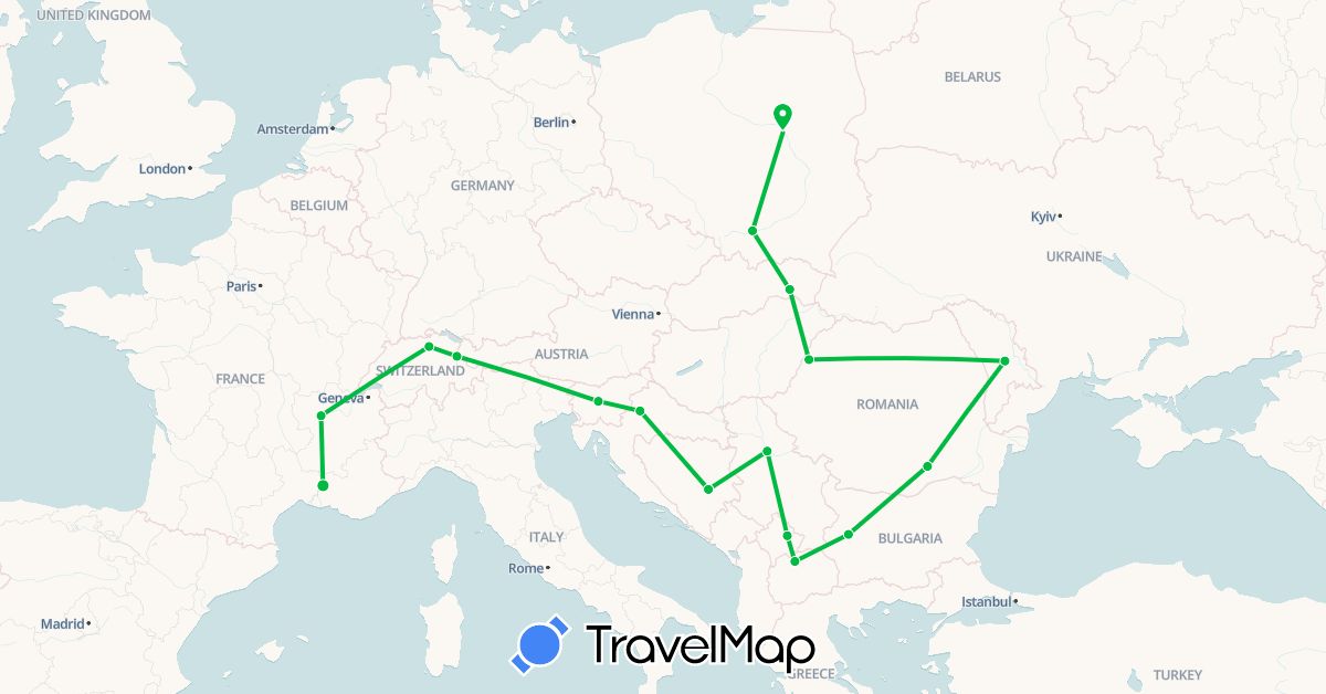 TravelMap itinerary: driving, bus in Bosnia and Herzegovina, Bulgaria, Switzerland, France, Croatia, Liechtenstein, Moldova, Macedonia, Poland, Romania, Serbia, Slovenia, Slovakia, Kosovo (Europe)